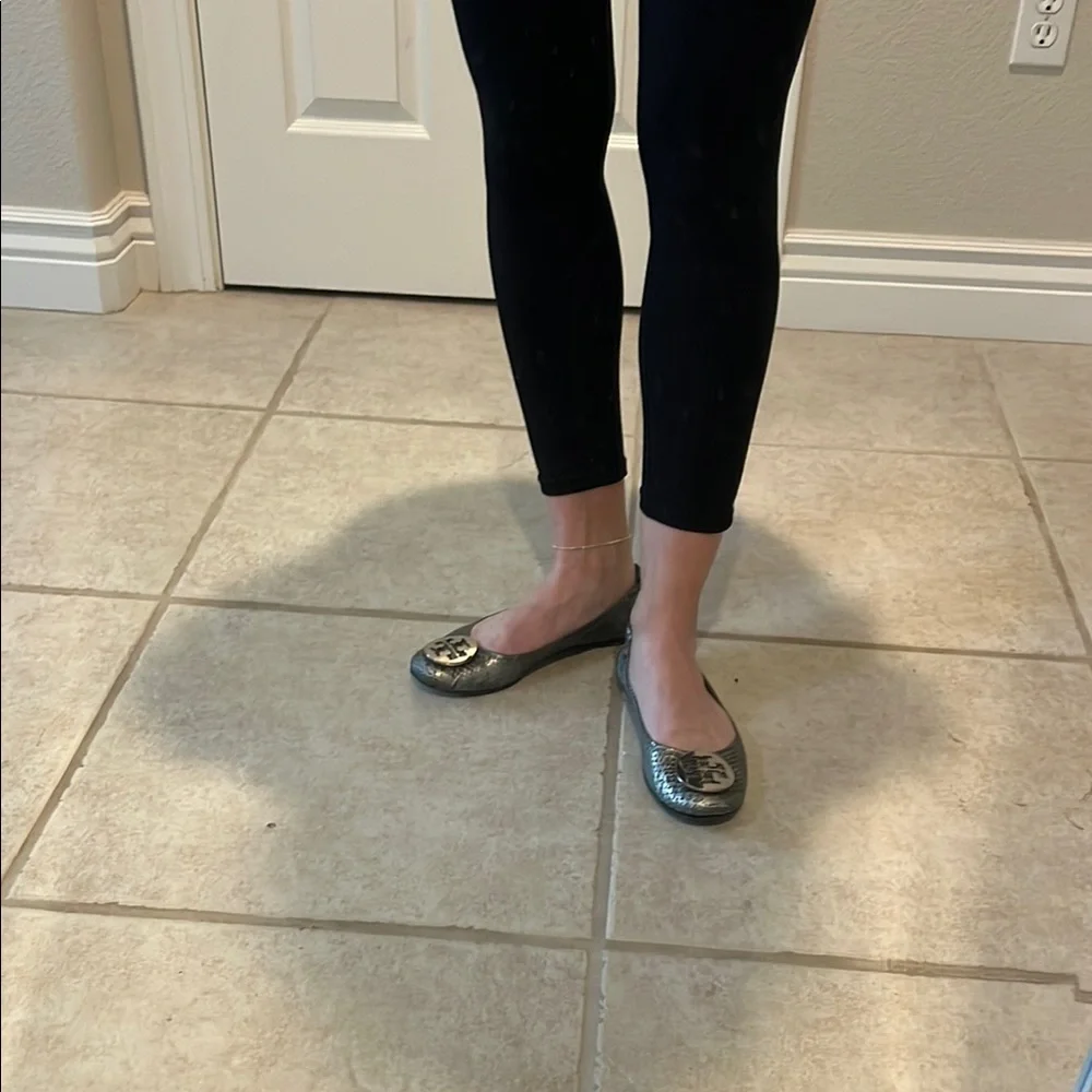 Tory Burch Reva Silver Ballet Flats Reptile Print